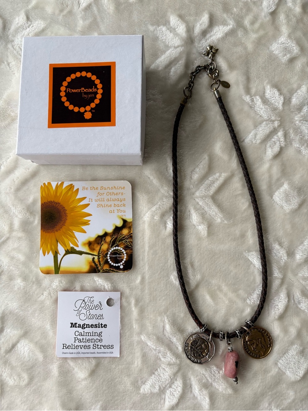 PowerBeads by Jen Men’s Brown Braided Leather Necklace with Pink Magnesite Charm